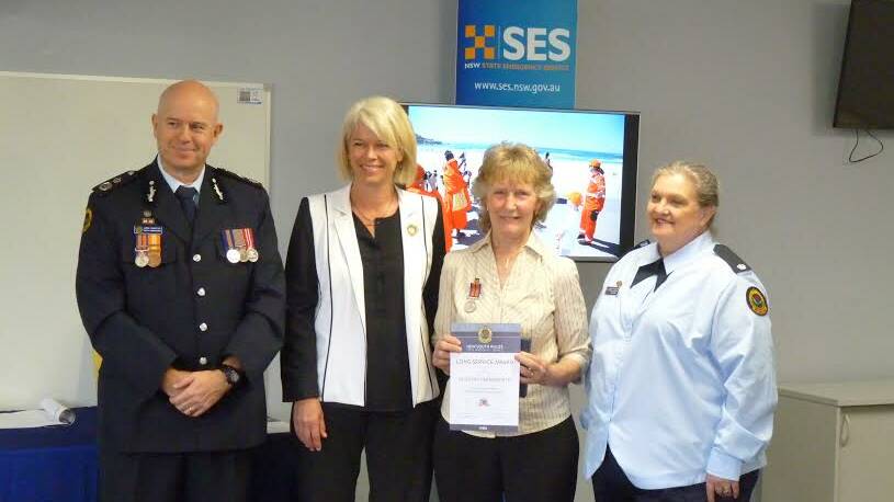 VALID RECIPIENT: (from left) NSW Deputy Commissioner for the SES, Greg Newton, local Member, Katrina Hodgkinson MP with Dot Farnsworth and Ros Bickford.