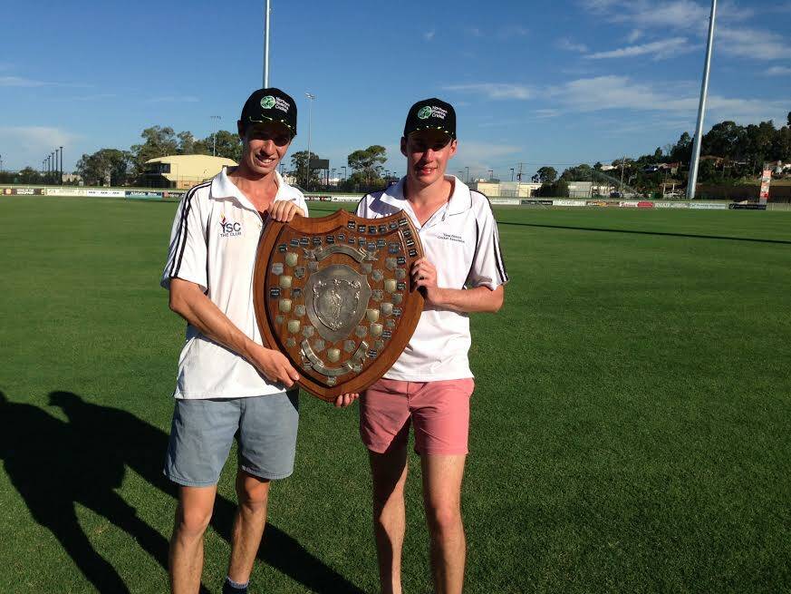 WINNERS ARE GRINNERS: (from left) Harden Hornets pair Billy Bolger and Marty Brown holding the Stribley Shield that they won as part of the Yass and District team which defeated Wagga on Sunday.