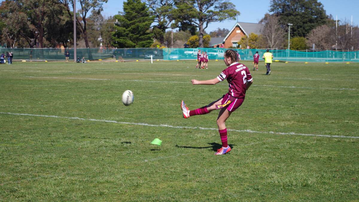 GOOD ATTEMPT: Harden's Georgia Murray sinks the slipper into this shot on goal. Picture: John McLaurin.