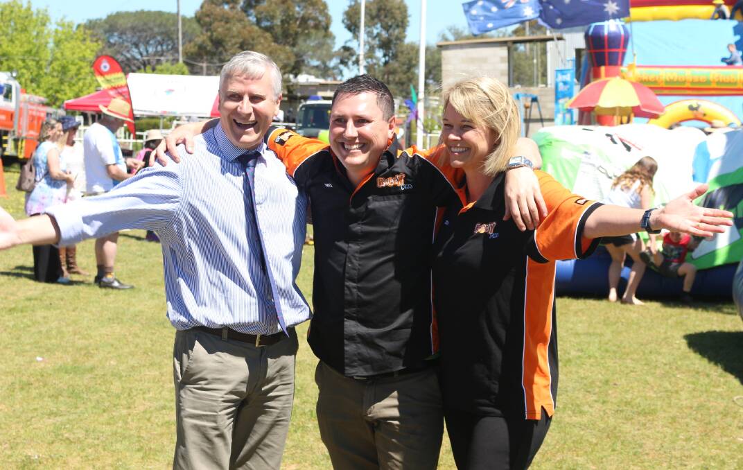 THREE AMIGOS: United after surviving the stunt jump - Michael McCormack MP, Wes from Roccy FM and Katrina Hodgkinson MP. Photo by Lance Campbell