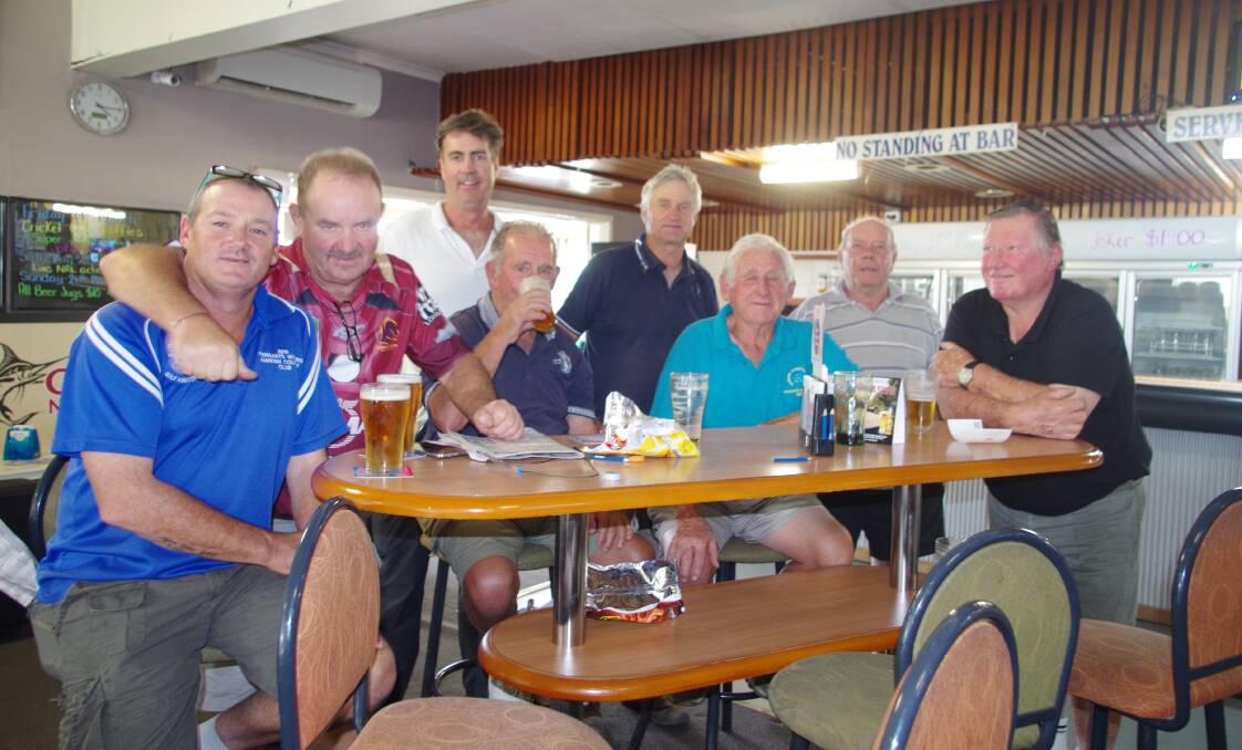 The boys settle in for a few quiet ones to drown their sorrows at the Harden Country Club after being beaten by John Brownhill on Saturday.