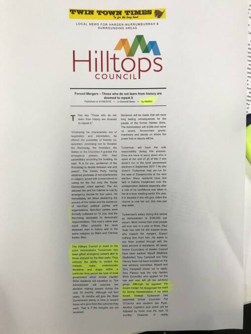 NAZI SLUR: Mr Stadtmiller used a Nazi slur against former Hilltops Council administrator Wendy Tuckerman in an editorial in the Twin Town Times on June 7, 2016.