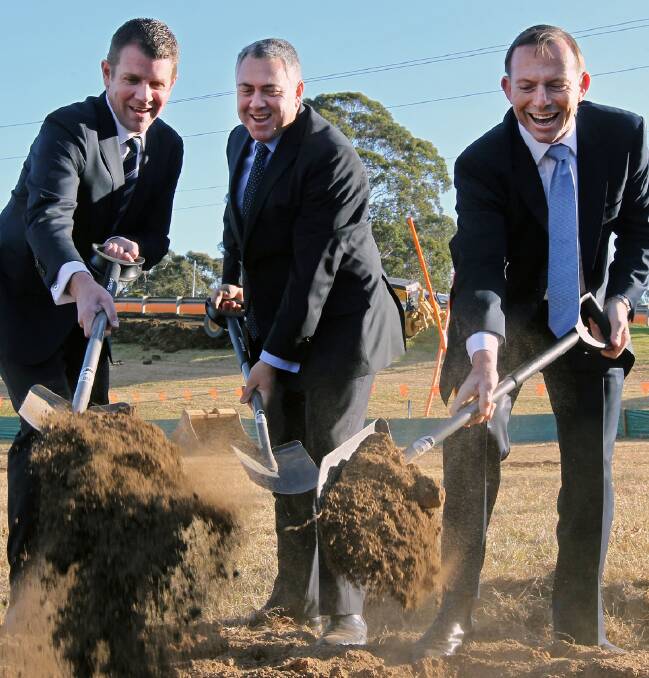 FUTURE-PROOF: NSW premier Mike Baird, and Liberal Party heads Joe Hockey and Tony Abbott believe the Fit for Future campaign will dig councils out of financial holes.