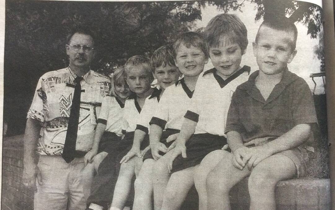 IN THE PAST: Jugiong principal Trevor Glover with 2001 kindergarten kids Stephanie Cribb, Gary Hulme, James Wallis, Charlie Butt, Jim Honner and Bradley Piper.