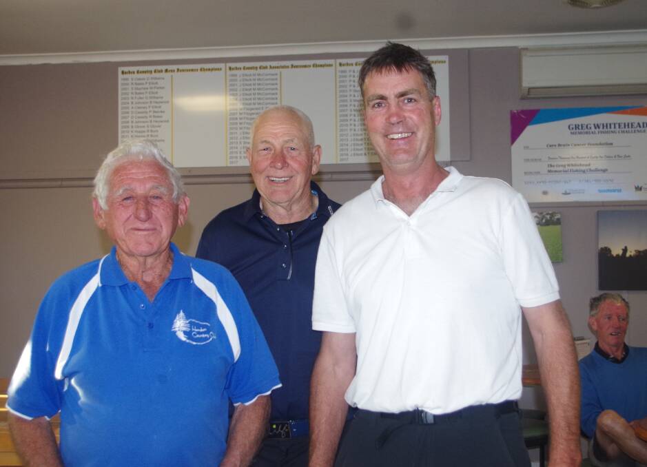 TOP EFFORT: Herby Manwaring, Ron Page and Michael Baldry after round one of the club 4BBB championships to stableford. Picture: Jody Potts