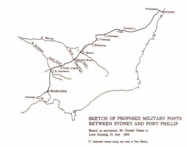 Historical document: An illustration done during Governor Gipps' term indicating proposed military posts between Melbourne and Sydney including 'Ovens River', 'Murray' and 'Billabong'.
"
