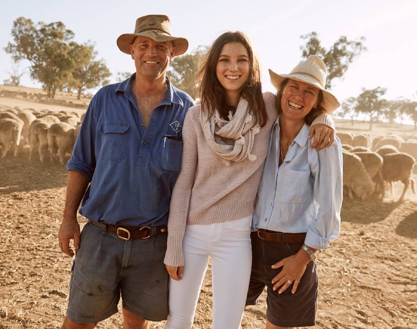 FAMILY TIME: Michael, Stephanie and Angela Field at Benangaroo Station, where the latest Jeanwest campaign was shot. Picture: Contributed 