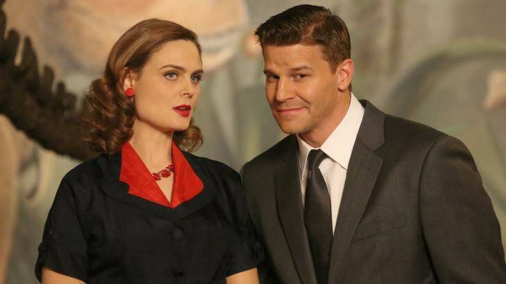 Emily Deschanel and David Boreanaz in an episode of Bones that reimagines the Jeffersonian and FBI teams in 1950s Hollywood.   Photo: Patrick McElhenney