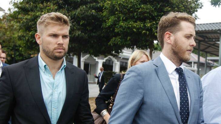 Edward Leaney and Jack Walker leaving court. Photo: Joshua Paul