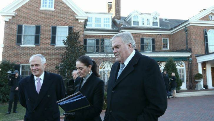 Prime Minister Malcolm Turnbull, Susie Annus and Australian Ambassador to the US Kim Beazley arrive for a tree planting at the residence of the Australian Ambassador in Washington DC during the Prime Minister's official visit to the United States on Tuesday 19 January 2016. Photo: Alex Ellinghausen