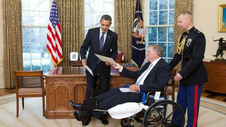 President Barack Obama exchanges credentials with Kim Beazley, the incoming ambassador from Australia, in the Oval Office in 2010. Photo: Supplied