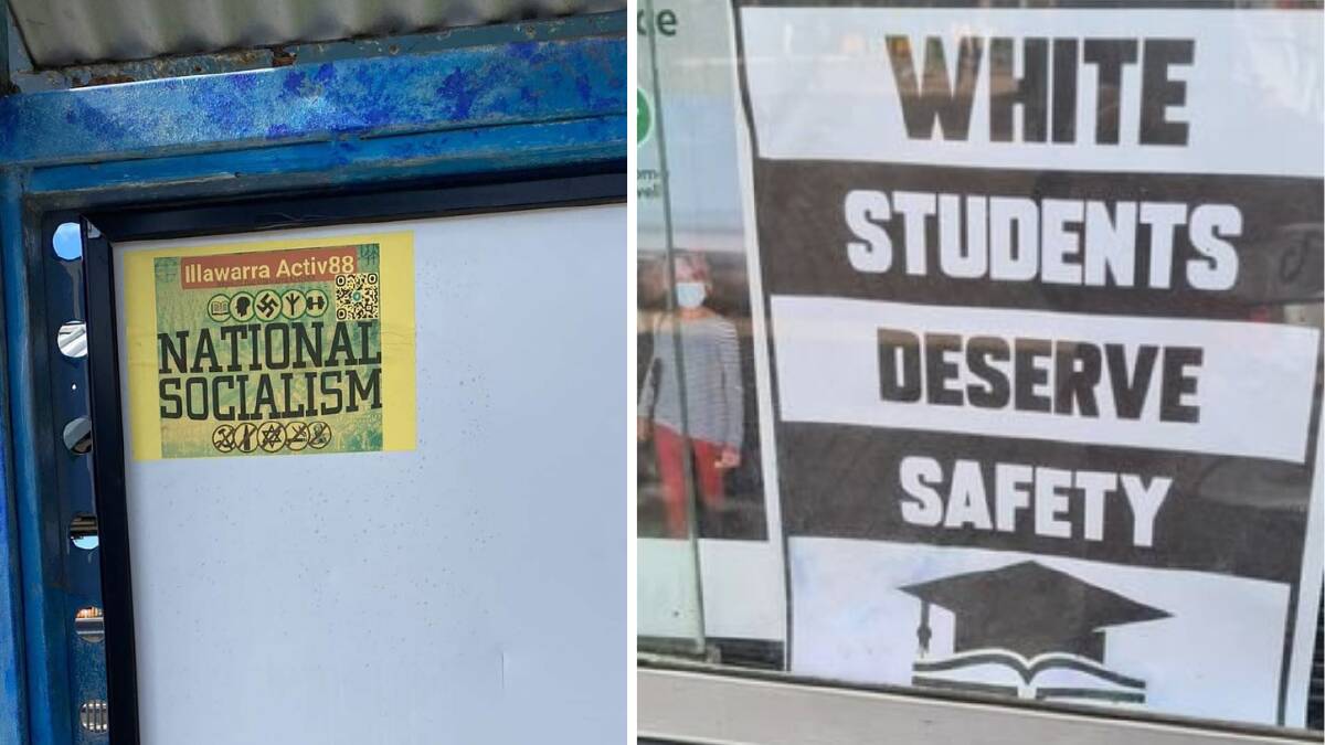 Investigations: Multiples flyers have been found across Wollongong including the North Wollongong Station bus stop (left) and the University of Wollongong campus (right). They have since been taken down. Pictures: supplied.