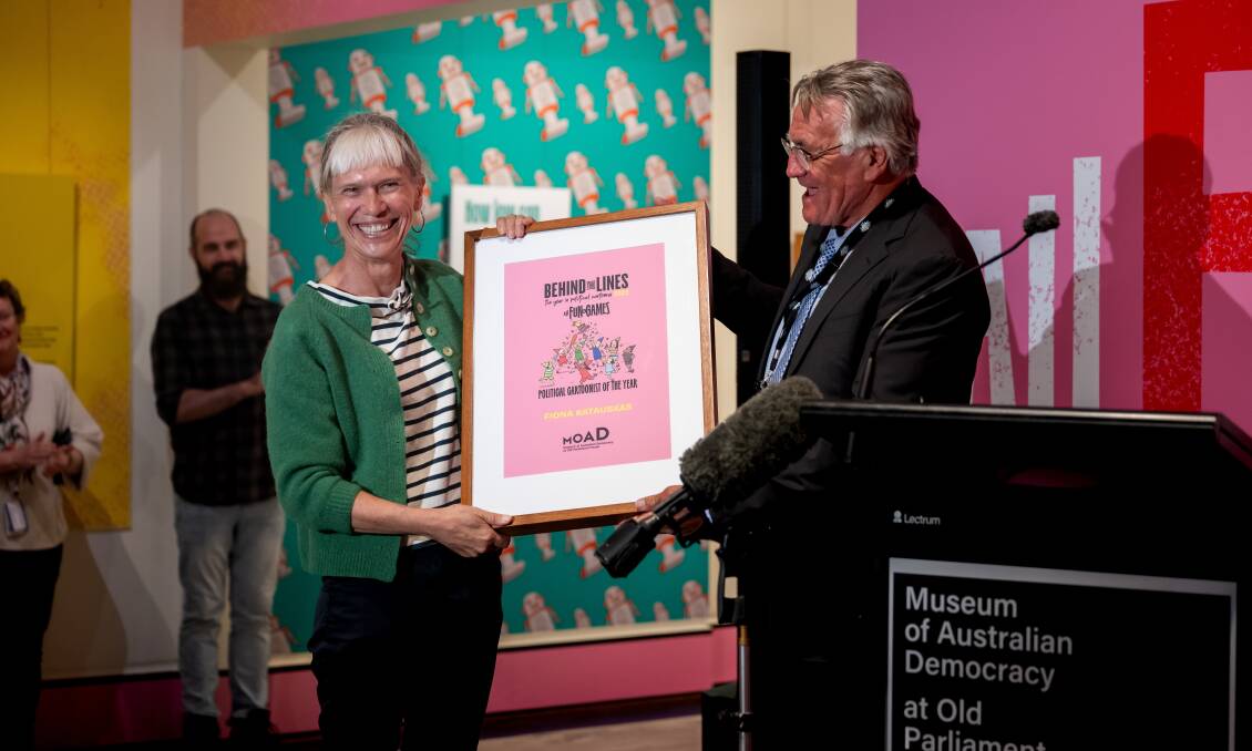 Political Cartoonist of the Year Fiona Katauskas with Old Parliament House chair Barrie Cassidly. Picture by Elesa Kurtz