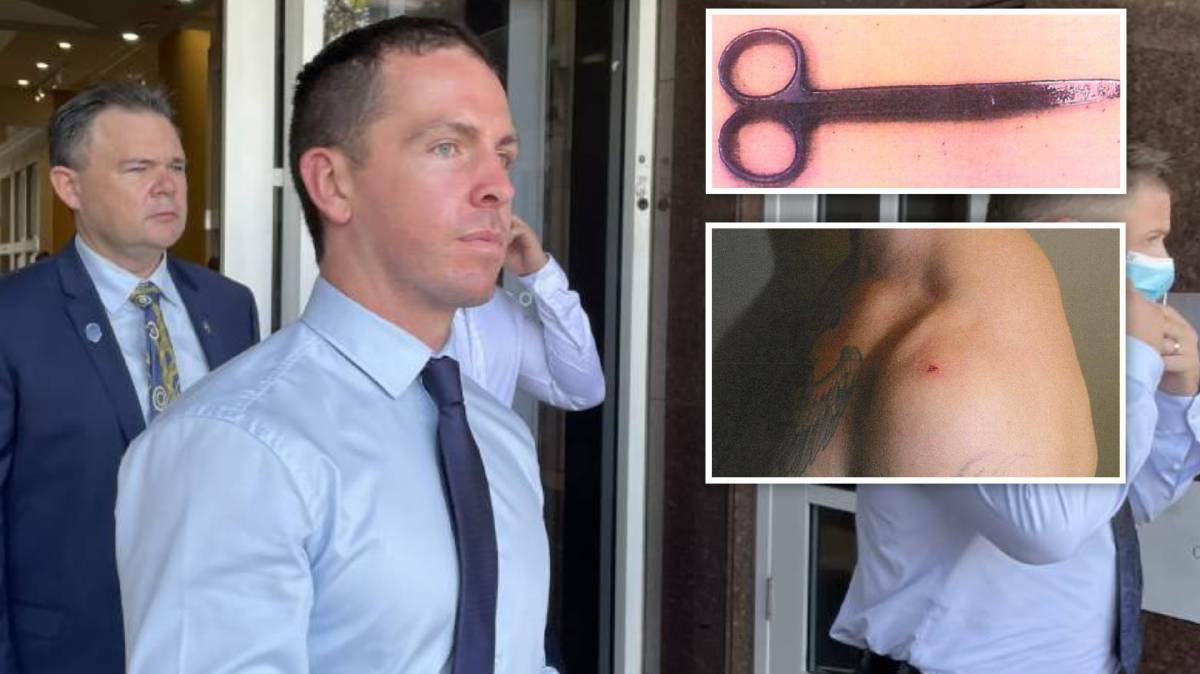 Constable Rolfe earlier in the trial. Inset, the scissors he was stabbed with and the wound they left. Pictures: Sarah Matthews, supplied