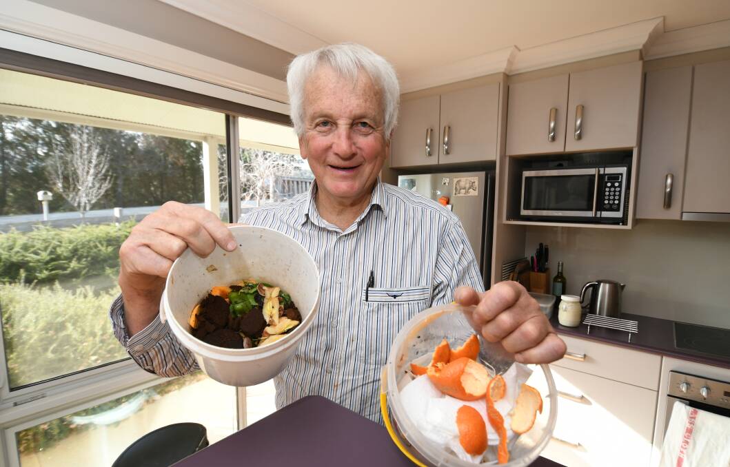 WASTE NOT, WANT NOT: Dr Jim Blackwood with food waste ready for recycling. Photo: CHRIS SEABROOK 072220cfoodwste1