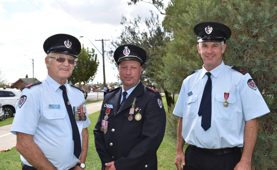 Last Hoorah: Nic Nadycz in one of his last official duties with FRNSW on Anzac Day in Harden, with Captain Wal Leonow and Robert Scott. Picture: Jody Potts