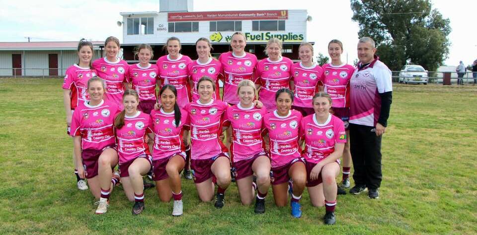 The 2019 Harden Hawkettes League Tag team with Coach Jason Pollard. The girls had a fantastic win over the UC Grizzlies, with a score of 64 to 0. Picture: Barry Quinn