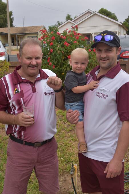 Harden's cutest bowler: Little Noah Hawkins with dad Tom Hawkins and Brian Wales. Tom defeated Brian 31 to 13 in the Singles over the weekend. Picture: Jody Potts