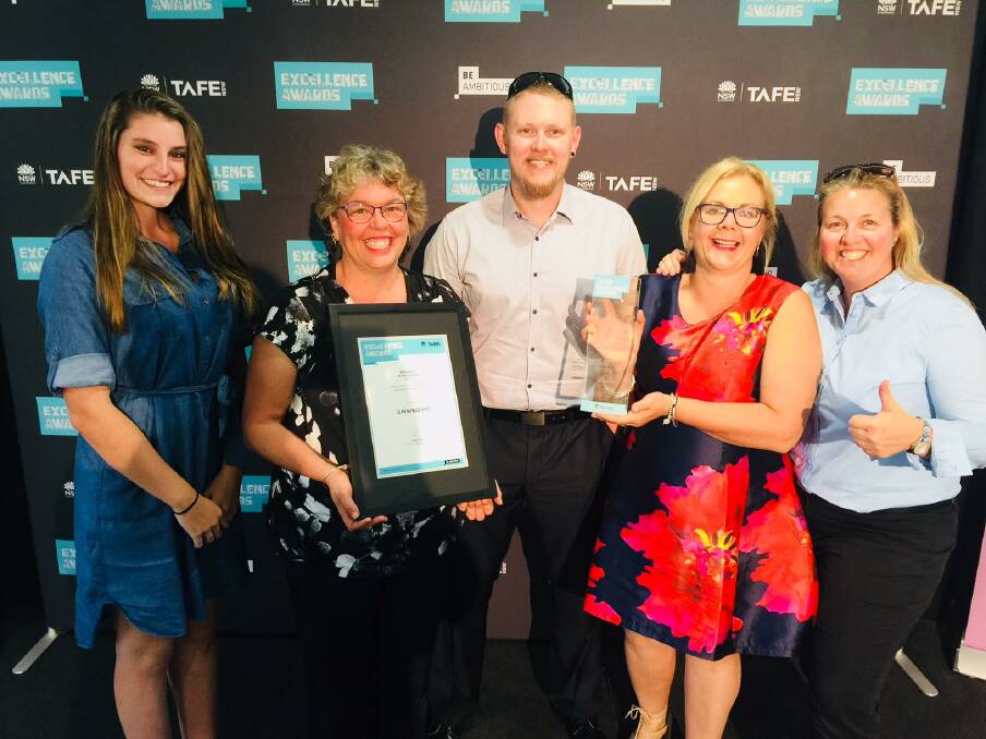 Ashleigh Johnson, Ros Stewart, Clint Ramsey, Bern Jones and Emma Sckrabei at the  2018 TAFE NSW Riverina Region Excellence Awards last week. Picture: Contributed