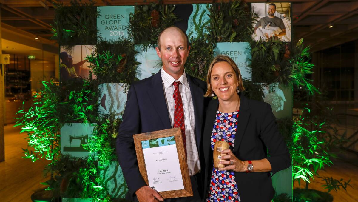 Mr Michael and Mrs Edwina Beveridge receiving the 2018 Golden Globe Award for Resource Efficiency Category for their work at Blantyre Farms. Picture: contributed
