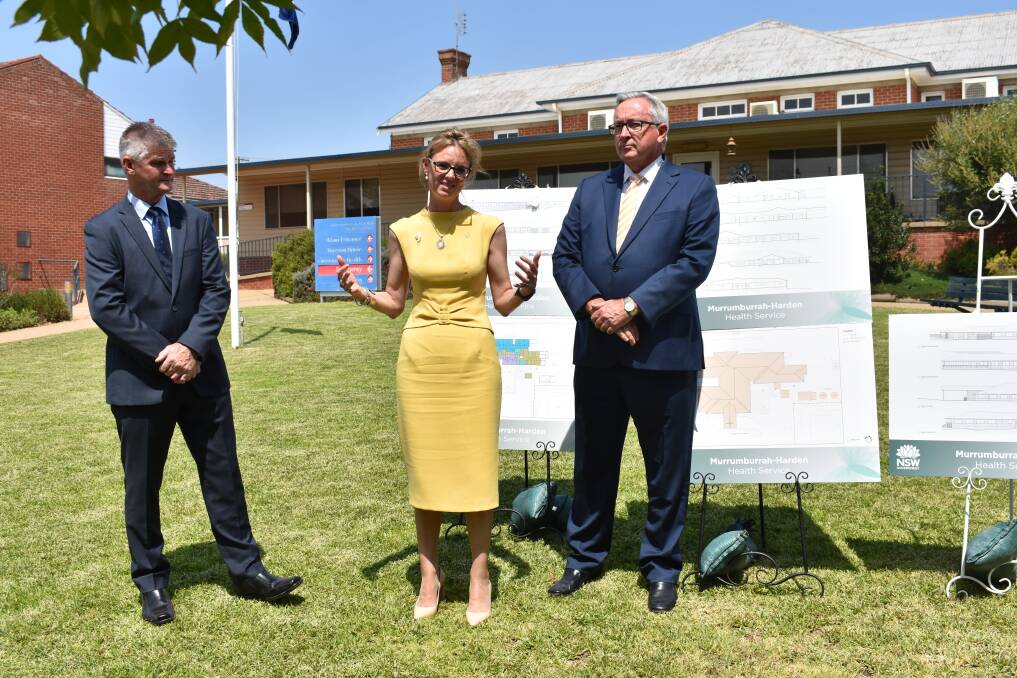 ON TRACK: Cootamundra MP Steph Cooke announces the winner of the Tender process at the Murrumburrah Harden Hospital on Wednesday with  NSW Health Minister Brad Hazzard and Hilltops Mayor, Brian Ingram. Picture: Jody Potts