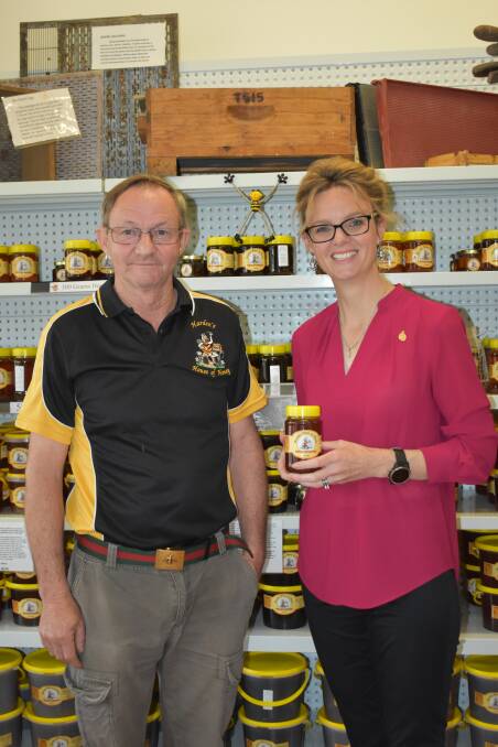 Harden's House of Honey owner, Ken Tansen welcomes a visit from Member for Cootamundra, Steph Cooke during October, which is Small Business Month. Picture: Jody Potts