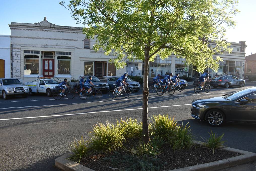 The Silver Lining Riders pulling up at the Light Horse Hotel in Murrumburrah on Monday. Picture: Jody Potts