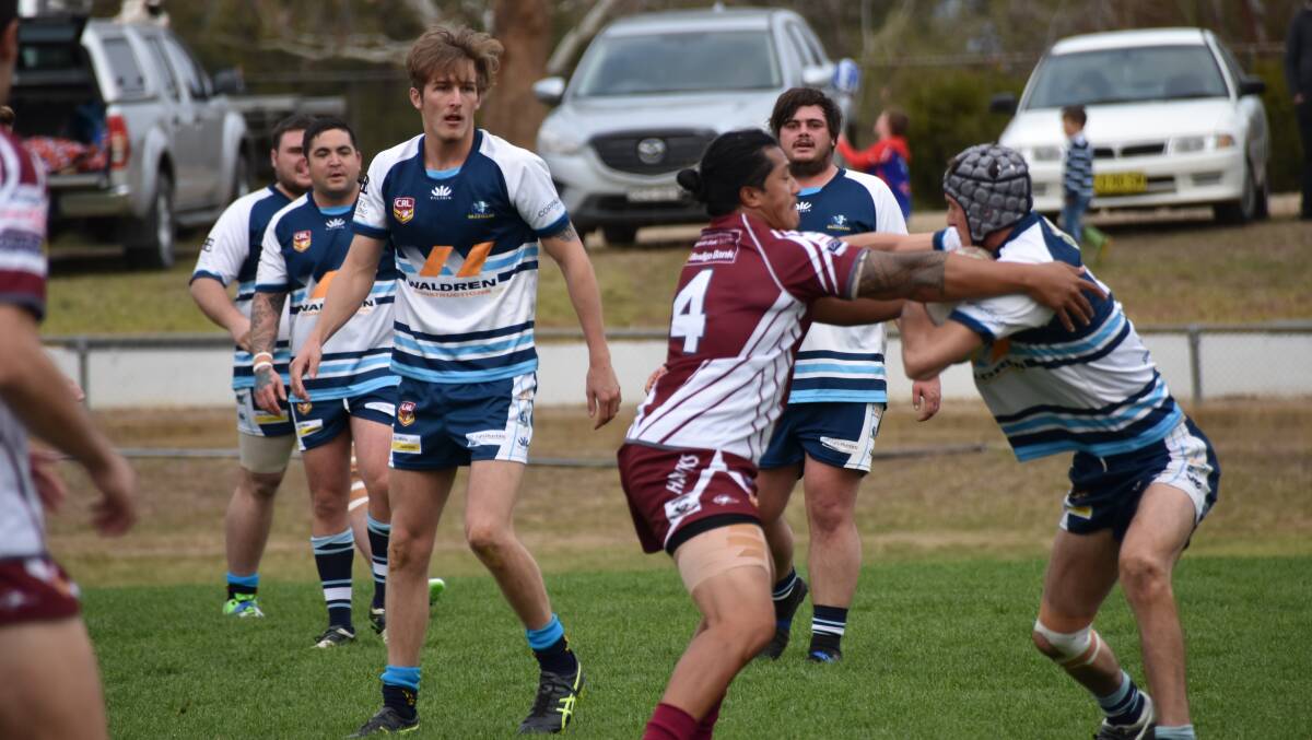 The Harden Hawks showed fabulous defence on the weekend in a home game, defeating the Binalong Brahams with a score of 50 to 4. Picture: Jody Potts