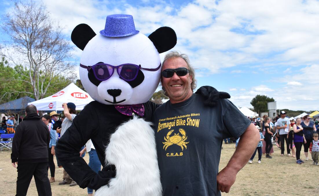 Panky the Panda with good mate Guy Turner is heading to the streets of Young this weekend to raise awareness for pancreatic cancer. Picture: Jody Potts