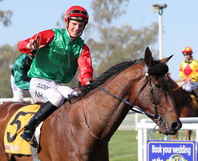 WELCOME BACK: Nick Heywood returns a winner on Cha Cha King at Wagga last month. He has finished his apprenticeship in Sydney and returned to the Southern District. Picture: Les Smith