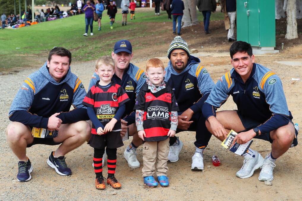 VISIT: Murray Douglas, Lochie West, 5, Tom Cusack, Ethan West, 4, Folau Fainga'a and Darcy Swain. Pictures: Emma Hillier
