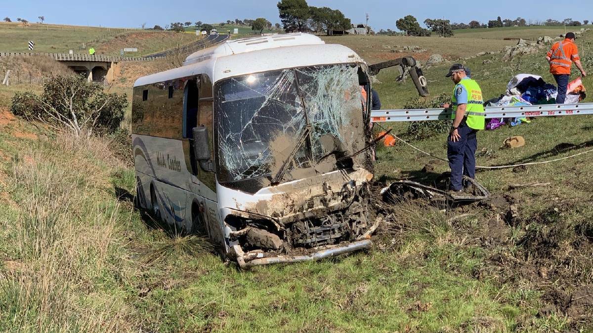 CRASH SCENE: Two were flown to hospital after a bus with 30 people onboard crashed on the Burley Griffin Way near Harden in September 2019. Picture: NSW Ambulance