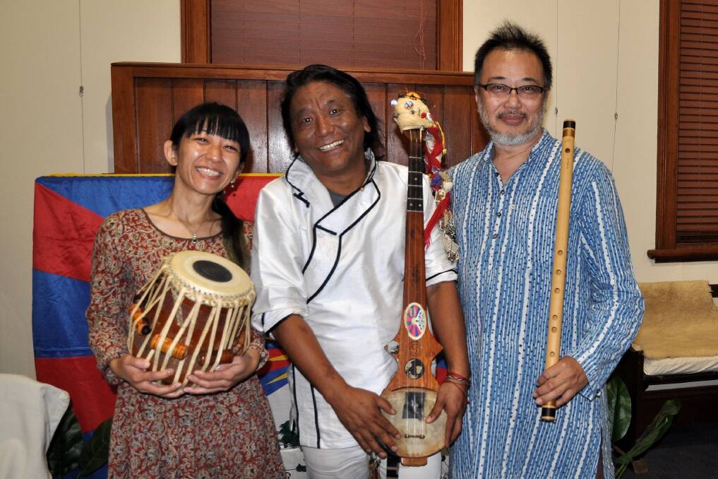 Tibetan singer-songwriter Tenzin Choegyal (centre) and Japanese musicians Taro Terahara and Ayako Ikeda during their visit to Harden.