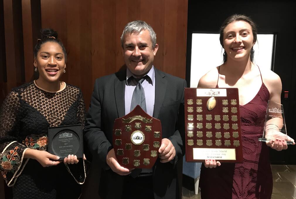 Grace Smith, Coach Jason Pollard and Emma James at the Canberra footy awards on the weekend.