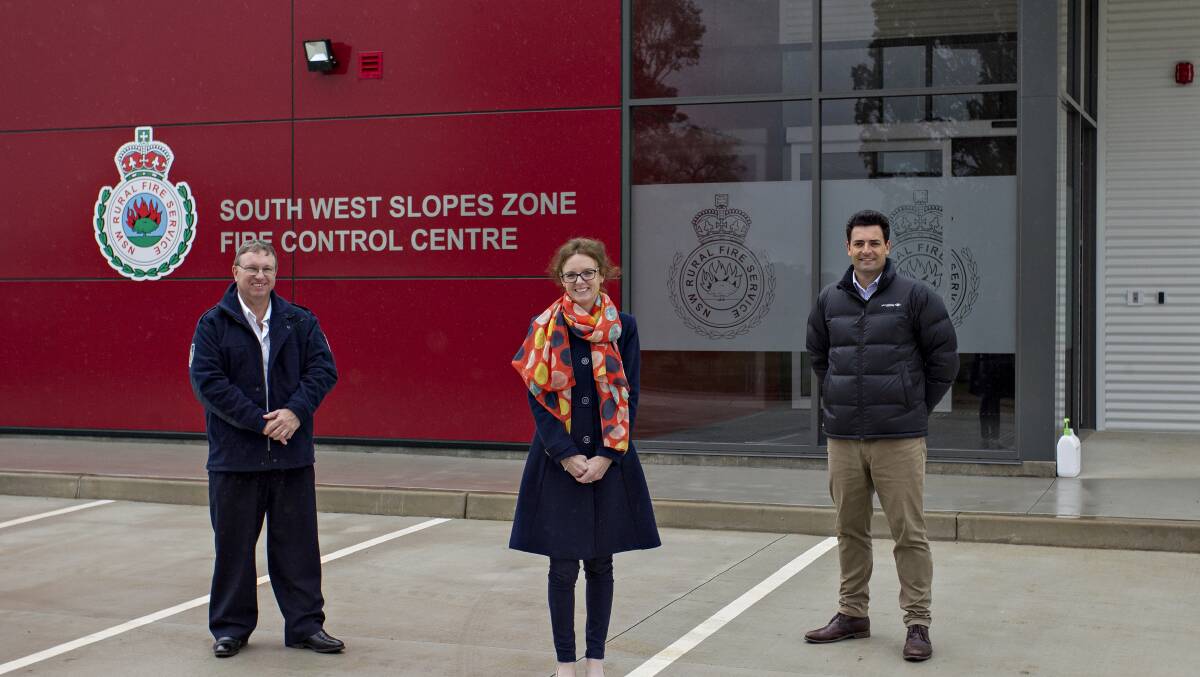 RFS Inspector Tom McDevitt, member for Cootamundra Steph Cooke and Darren Hession from PWA and Zauner Constructions at the new fire control centre.