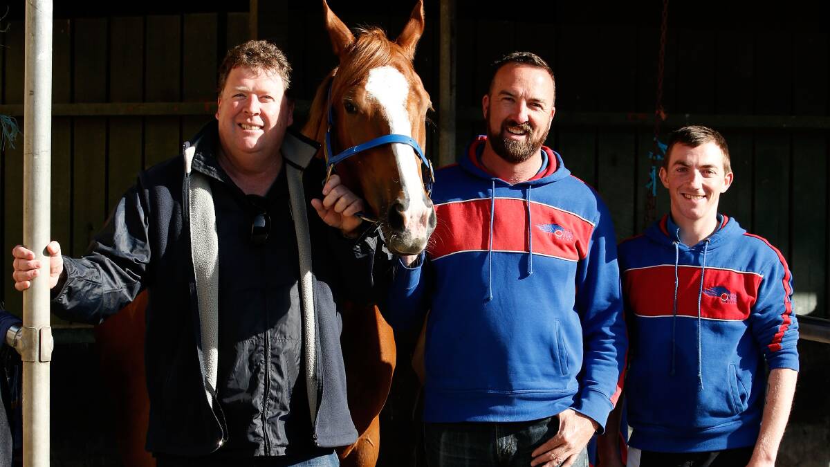 Single Gaze earlier in the week with part-owner Martin Hay, trainer Nick Olive and foreman Billy Owen.