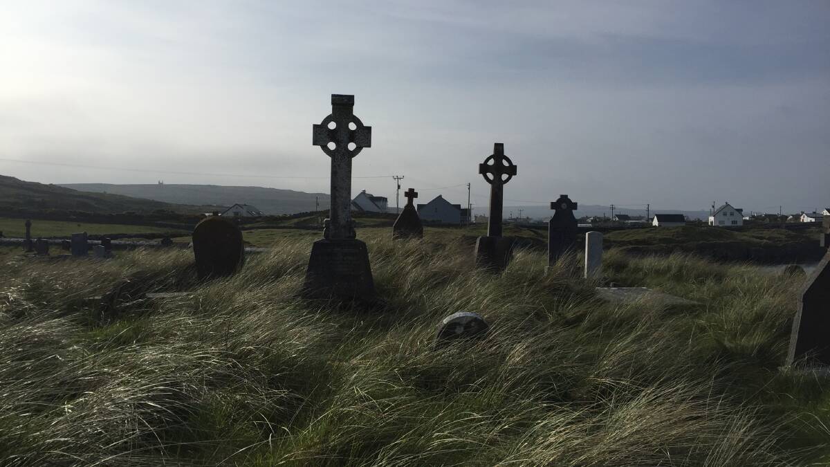 The seaside cemetery at Inis Mor with its distinctive Celtic crosses. Photo: Kathy Sharpe