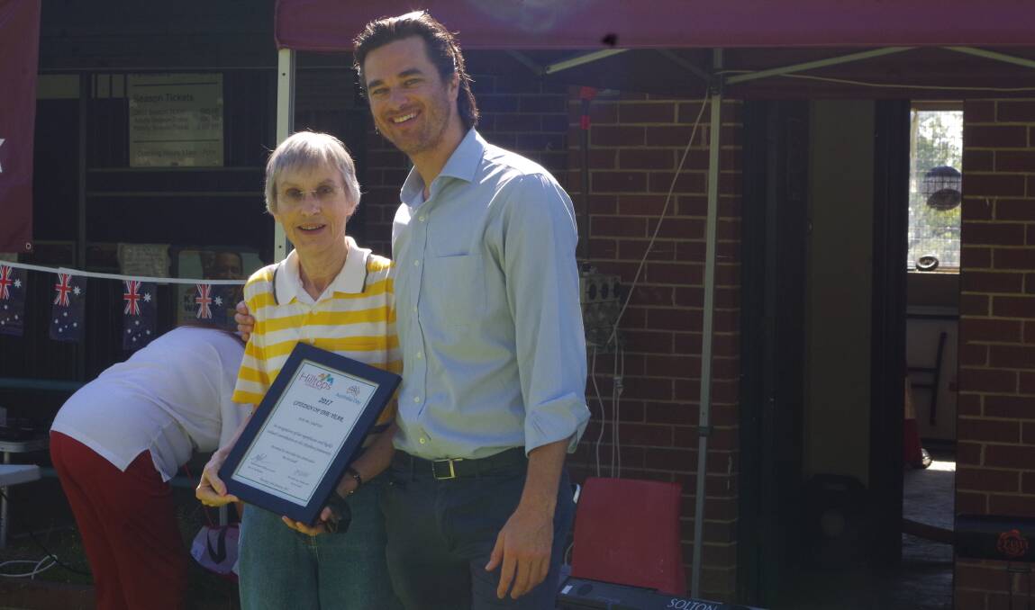 RECOGNISED: The 2017 Harden citizen of the year Sue McCarthy is pictured with the Australia Day ambassador for Harden, Joe Snell.