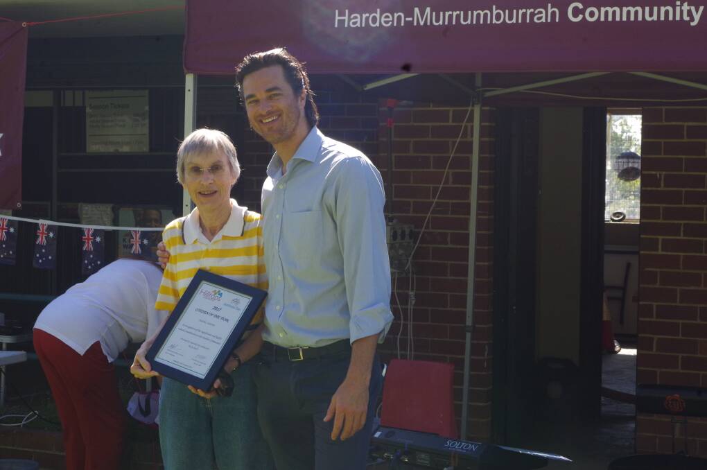 RECOGNISED: Former Harden citizen of the year Sue McCarthy is pictured with the 2017 Australia Day ambassador for Harden, Joe Snell.