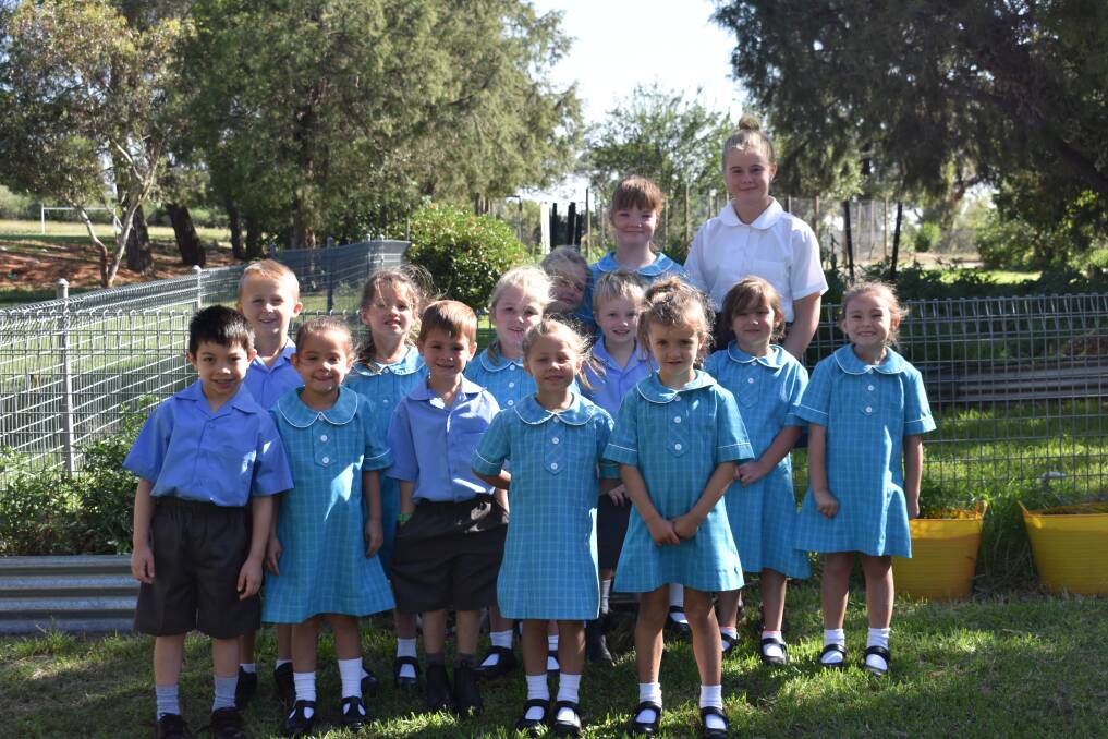 LEADERSHIP: Trinity Catholic Primary School prime ministers Sophie Barnes and Sara Collins (back) with the school's 2019 kindergarten students.