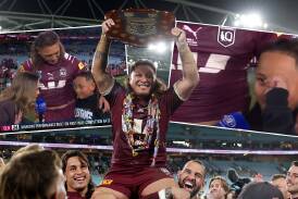 Josh Papali'i was chaired off the field by his Queensland teammates, and insets, his son Noah gives a touching on-field interview. Pictures Getty Images, Nine