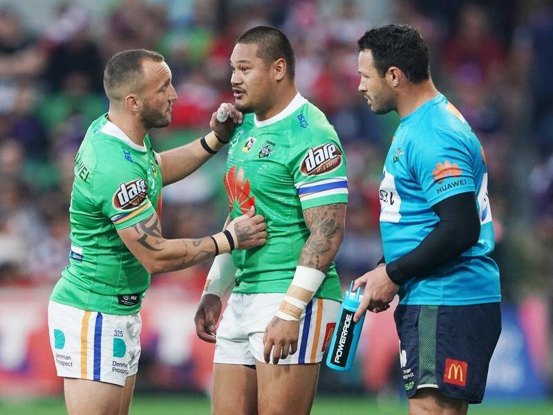 Joey Leilua (centre) was hurt by a firework mishap before Canberra's final against Melbourne.