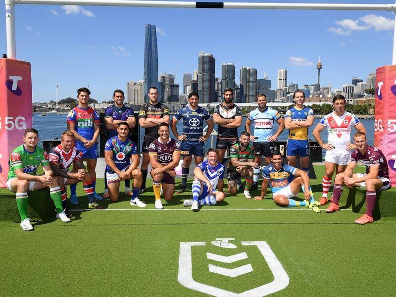 The captains of the 16 NRL teams at the 2021 season launch in Sydney.