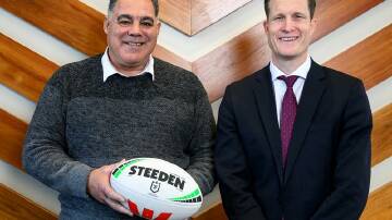 Perth Bears CEO Anthony De Ceglie (R), seen with coach Mal Meninga, has landed a major jersey deal. Photo: Bianca De Marchi/AAP PHOTOS