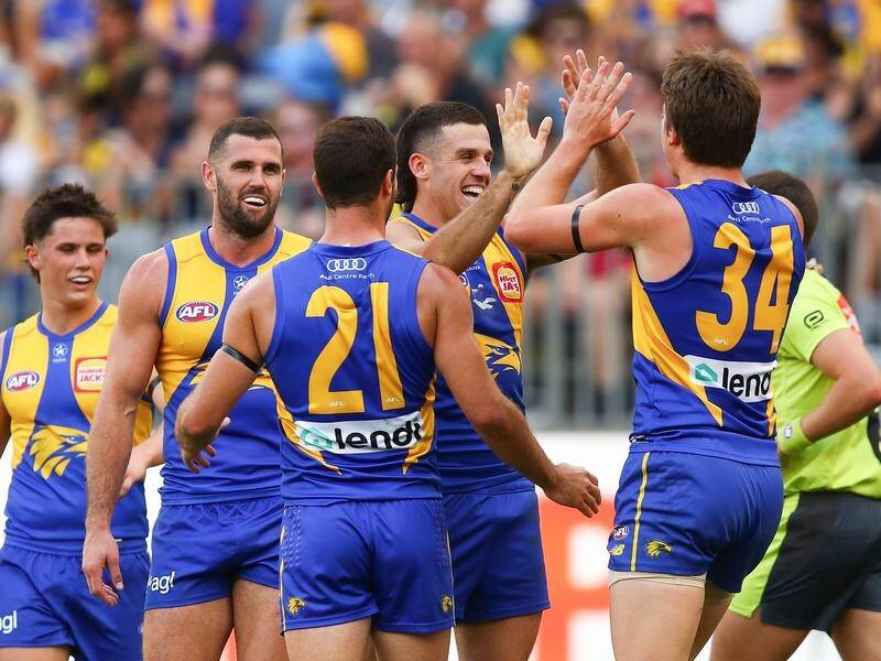 West Coast are celebrating their first win of the season in a 39-point defeat of Richmond. (Gary Day/AAP PHOTOS)
