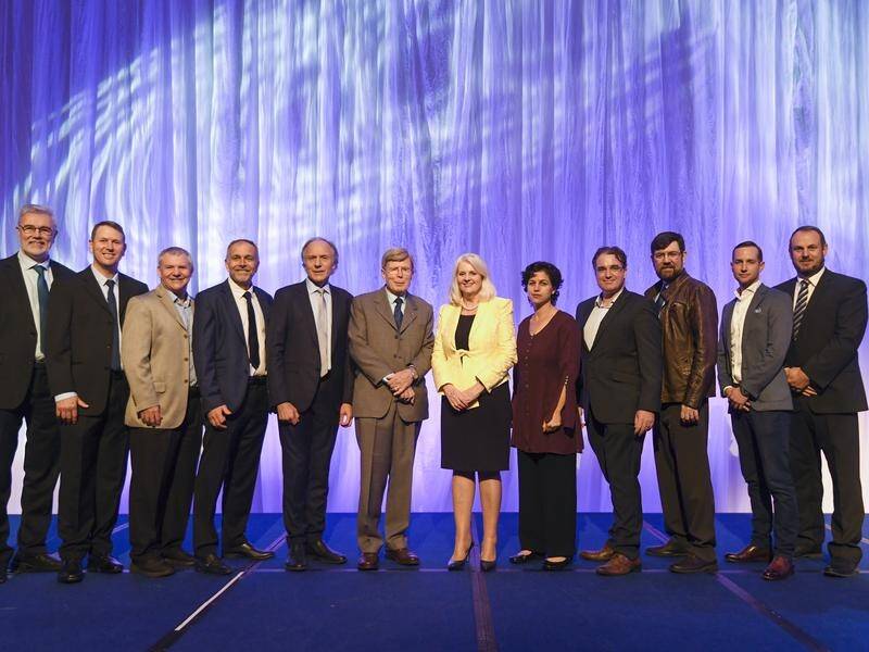 The prize winners with minister Karen Andrews (yellow) and scientist Allan Finkel (fifth from left).