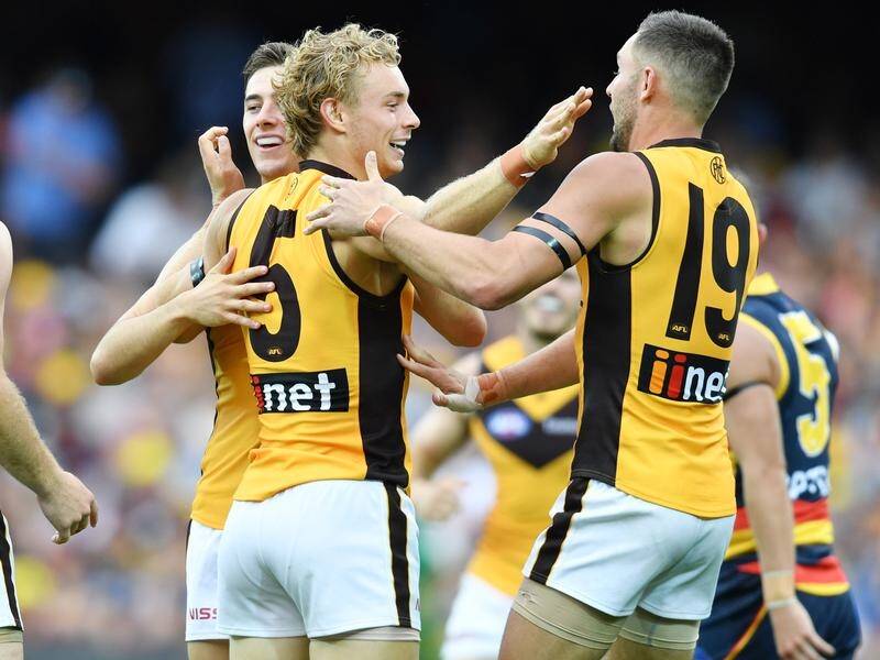 James Worpel (No.5) was Hawthorn's chief possession winner in a 32-point AFL victory over Adelaide.