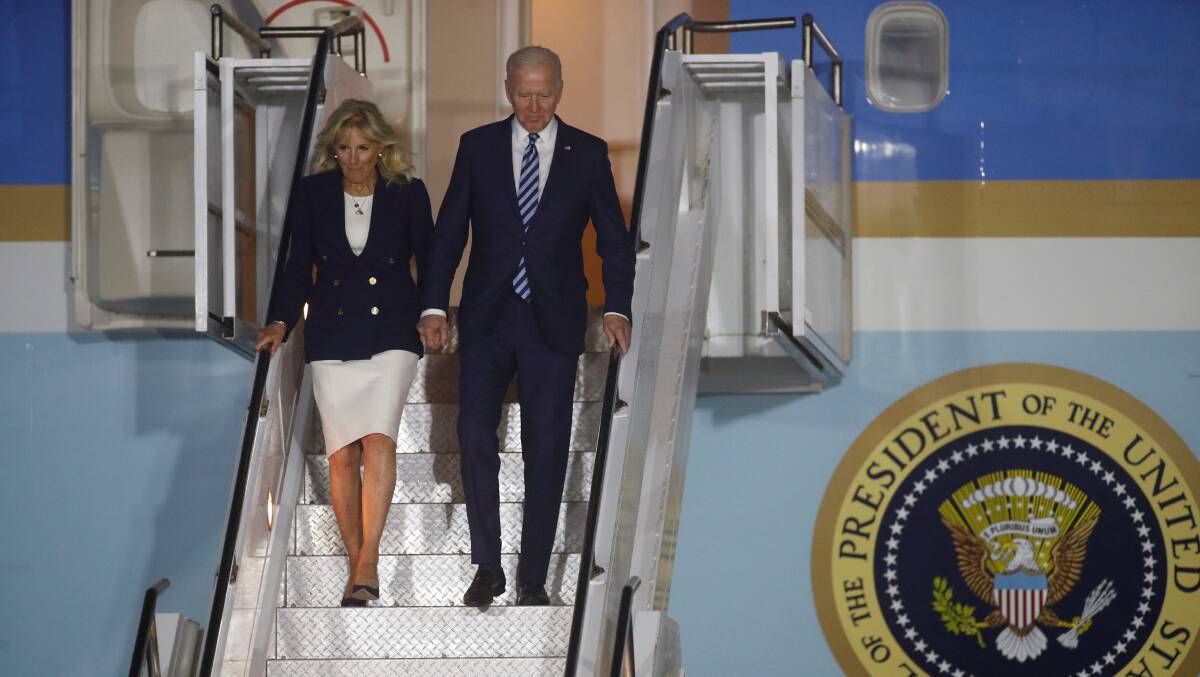 US President Joe Biden (right) and First Lady Jill Biden touch down in Cornwall for the G7 summit. Picture: Getty Images