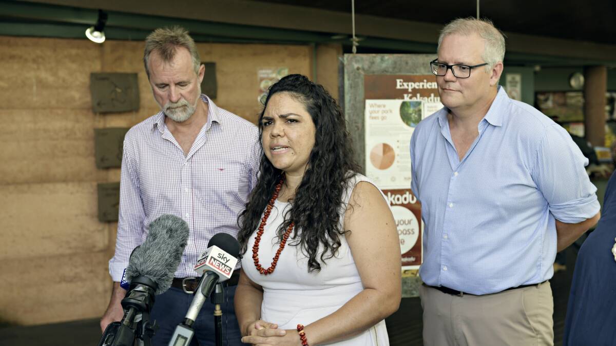 Jacinta Price with Prime Minister Scott Morrison (right) and then-Indigenous Affairs Minister Nigel Scullion (left) in 2019. Picture: AAP
