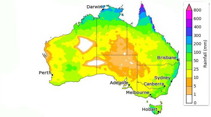 How the Bureau of Metereorology sees March as shaping up with its 50 per cent chance of rain modeling. 